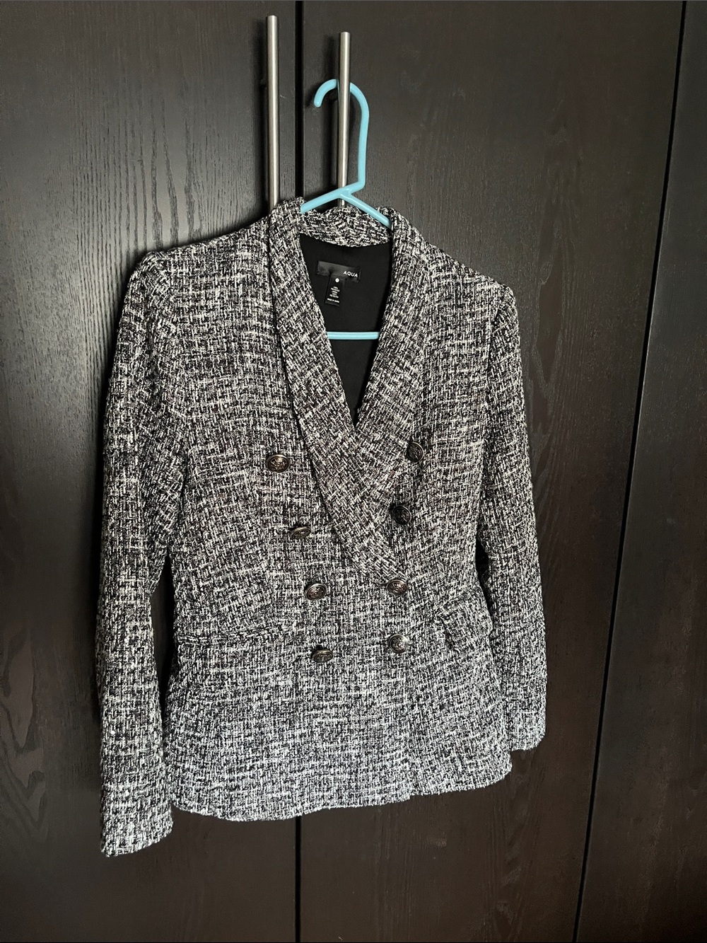 Aqua Black Grey and White Tweed Double-Breasted Blazer
